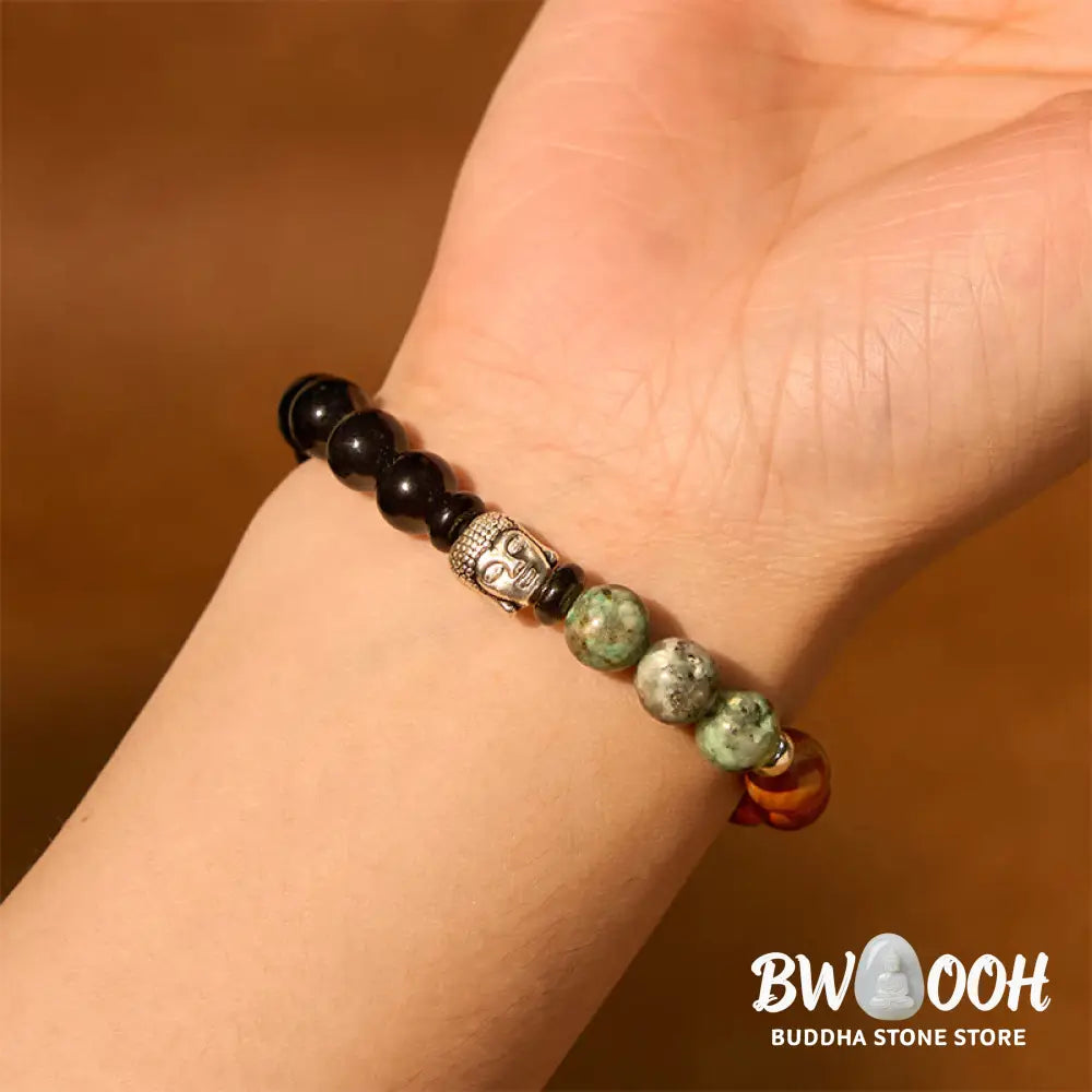 Buddha Stones Natural Black Onyx White Stone Green Aventurine Tiger Eye Agate Mixed Color Buddha Head Protection