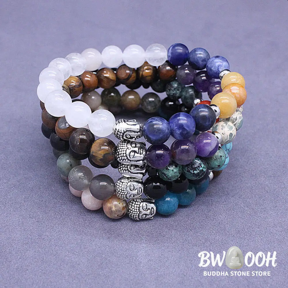 Buddha Stones Natural Black Onyx White Stone Green Aventurine Tiger Eye Agate Mixed Color Buddha Head Protection