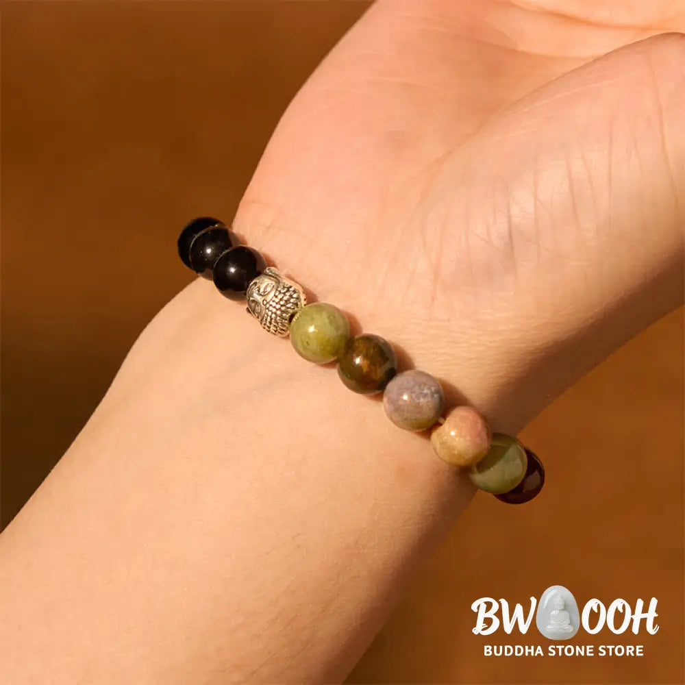 Buddha Stones Natural Black Onyx White Stone Green Aventurine Tiger Eye Agate Mixed Color Buddha Head Protection