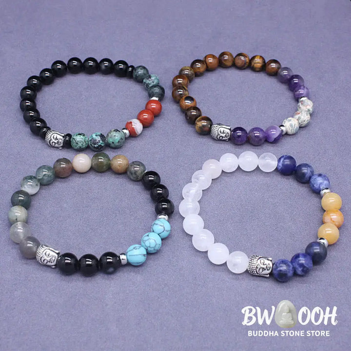 Buddha Stones Natural Black Onyx White Stone Green Aventurine Tiger Eye Agate Mixed Color Buddha Head Protection