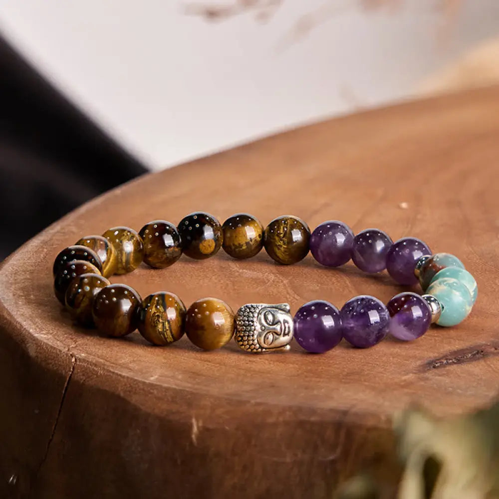 BWOOOH Natural Black Onyx White Stone Green Aventurine Tiger Eye Agate Mixed Color Buddha Head Protection Bracelet — Black...