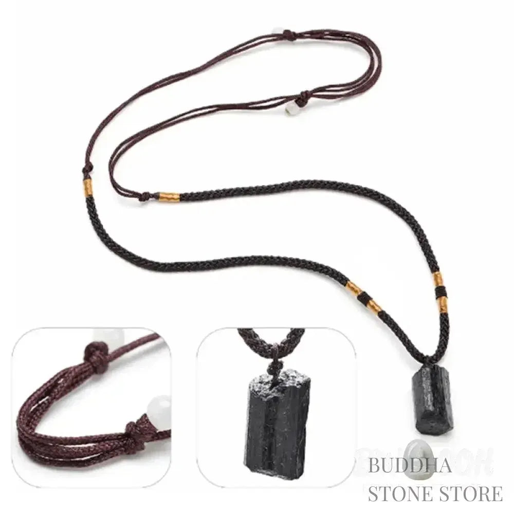 BWOOOH Natural Black Tourmaline Positive Rope Necklace Pendant, elongated raw stone, hand-crafted, spiritual purification, positive energy, 45cm rope, master-crafted. - View 5