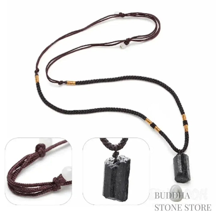 BWOOOH Natural Black Tourmaline Positive Rope Necklace Pendant, elongated raw stone, hand-crafted, spiritual purification, positive energy, 45cm rope, master-crafted. - View 5