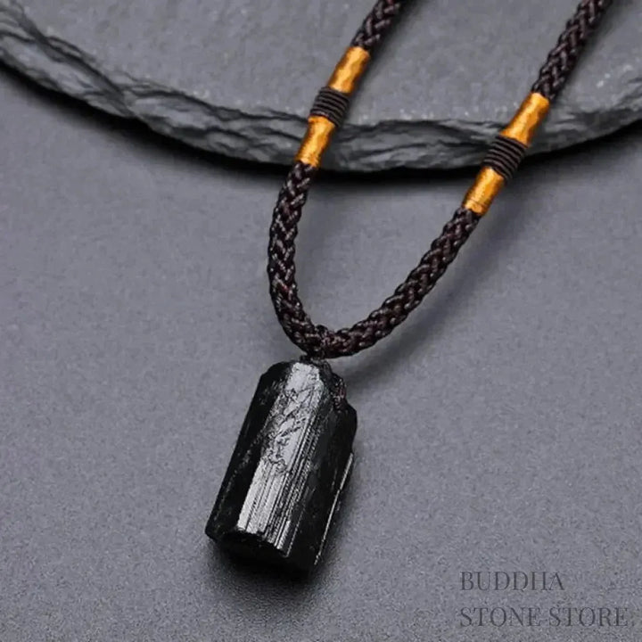 BWOOOH Natural Black Tourmaline Positive Rope Necklace Pendant, elongated raw stone, hand-crafted, spiritual purification, positive energy, 45cm rope, master-crafted.