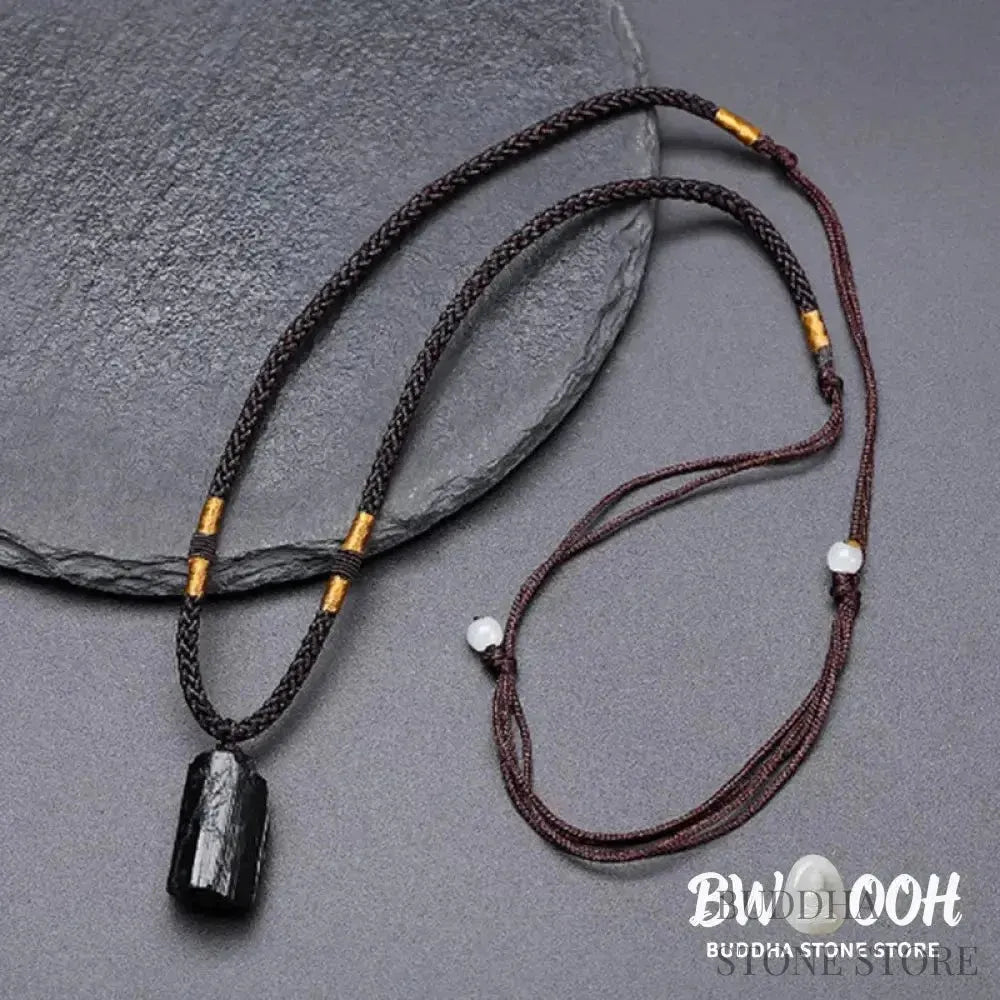 BWOOOH Natural Black Tourmaline Positive Rope Necklace Pendant, elongated raw stone, hand-crafted, spiritual purification, positive energy, 45cm rope, master-crafted. - View 2