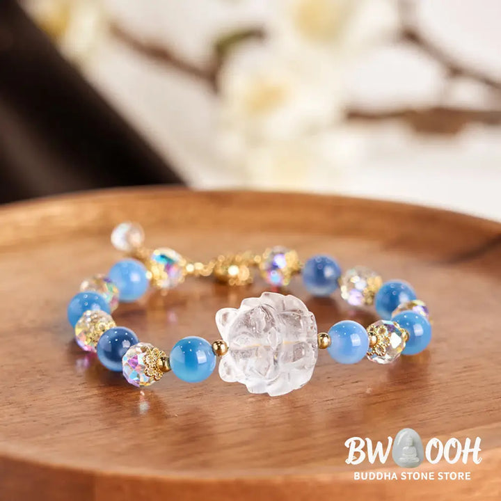 Buddha Stones Natural Blue Candy Agate White Crystal Nine Tailed Fox Harmony Bracelet - BWOOOH - Blue Candy Agate&amp;White