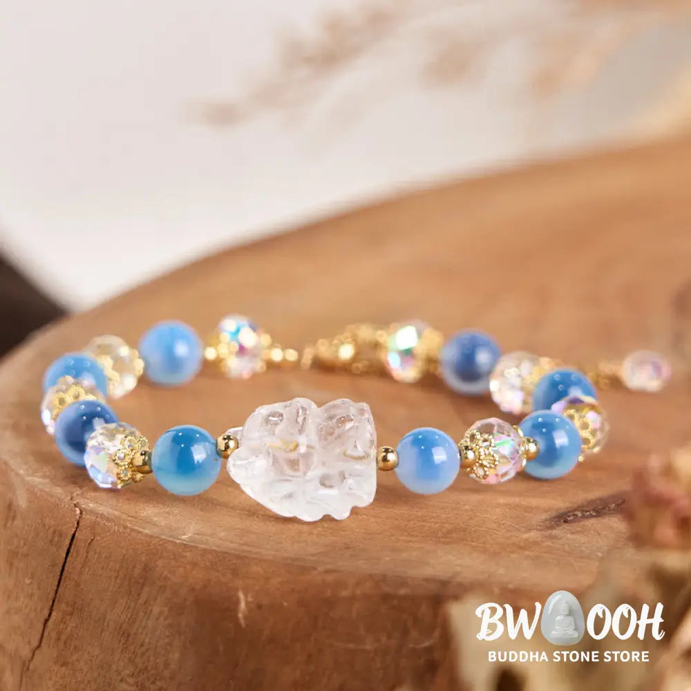 Buddha Stones Natural Blue Candy Agate White Crystal Nine Tailed Fox Harmony Bracelet - BWOOOH - Blue Candy Agate&White
