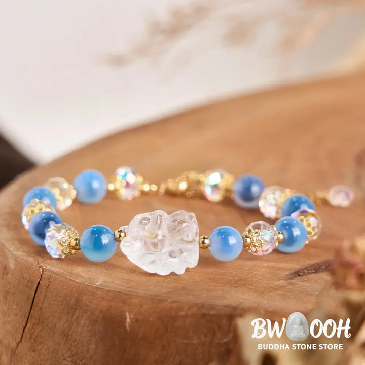 Buddha Stones Natural Blue Candy Agate White Crystal Nine Tailed Fox Harmony Bracelet - BWOOOH - Blue Candy Agate&amp;White