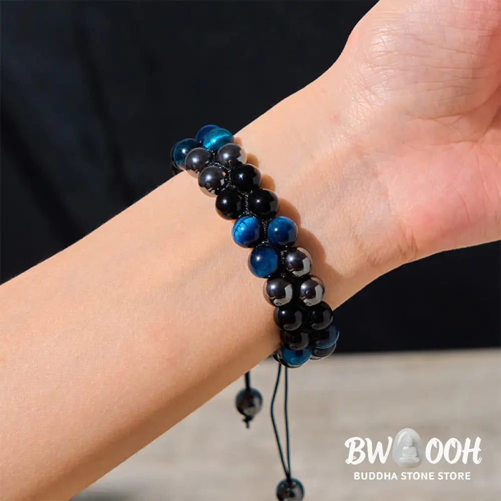 Buddha Stones Natural Blue Tiger Eye Black Magnetite Black Obsidian Double Row Beads Protection Bracelet - BWOOOH