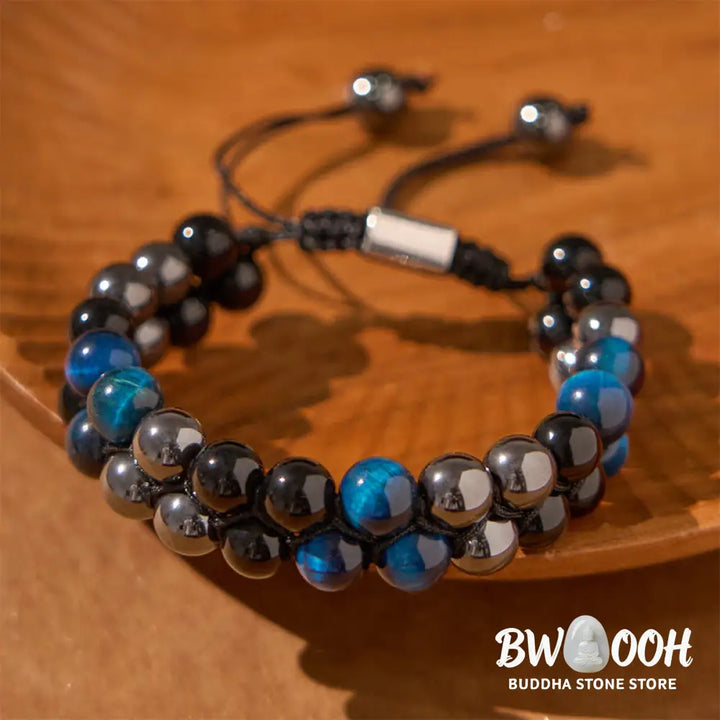 Buddha Stones Natural Blue Tiger Eye Black Magnetite Black Obsidian Double Row Beads Protection Bracelet - BWOOOH