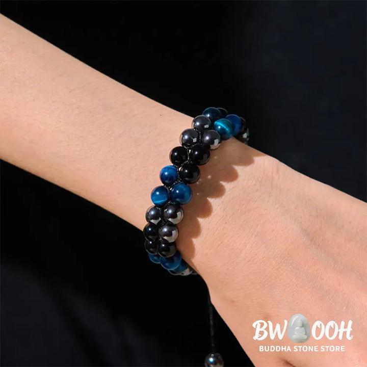 Buddha Stones Natural Blue Tiger Eye Black Magnetite Black Obsidian Double Row Beads Protection Bracelet - BWOOOH