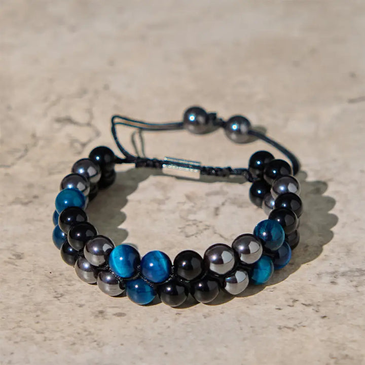 BWOOOH Natural Blue Tiger Eye Black Magnetite Black Obsidian Double Row Beads Protection Bracelet — Tiger Eye black obsidi...
