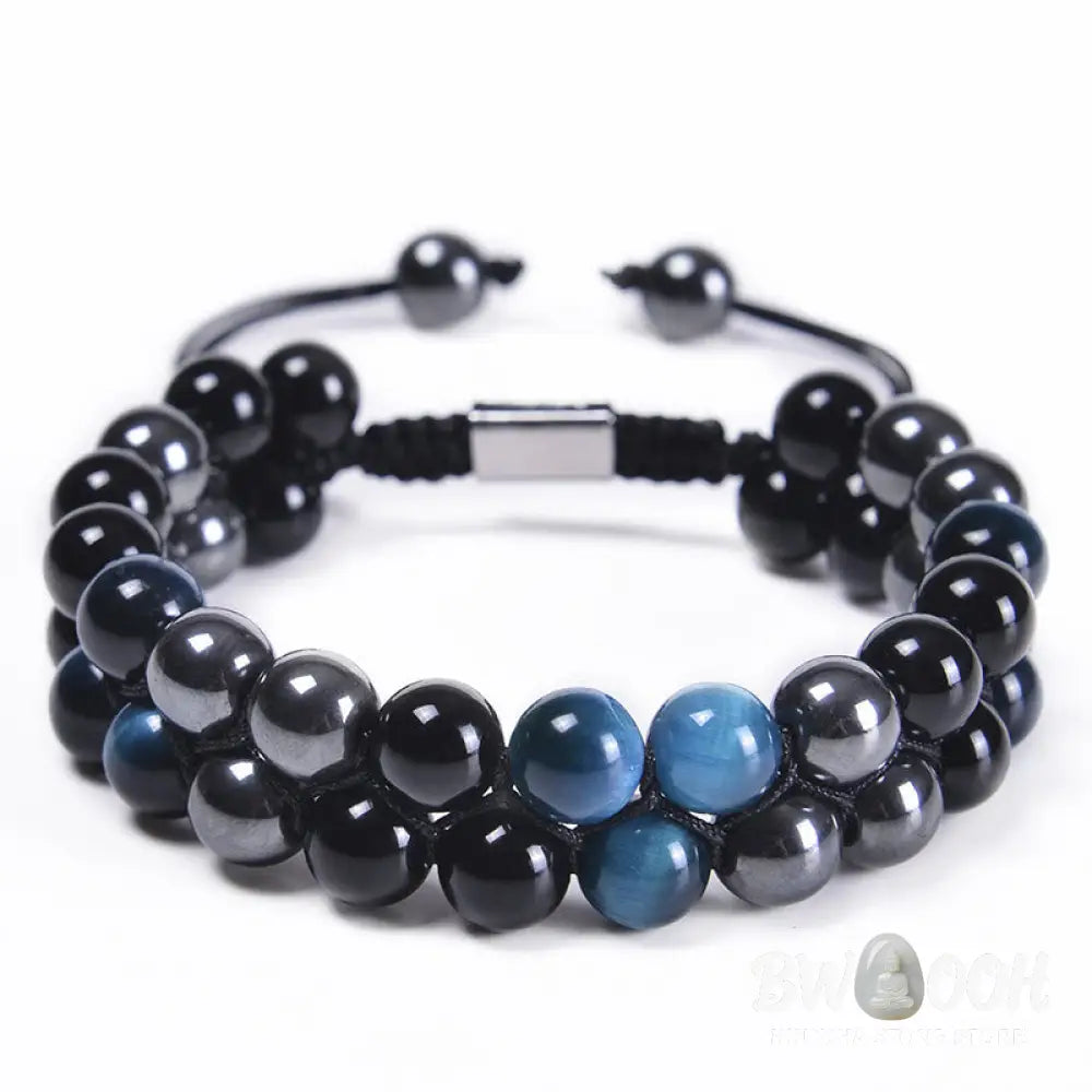 Buddha Stones Natural Blue Tiger Eye Black Magnetite Black Obsidian Double Row Beads Protection Bracelet - BWOOOH