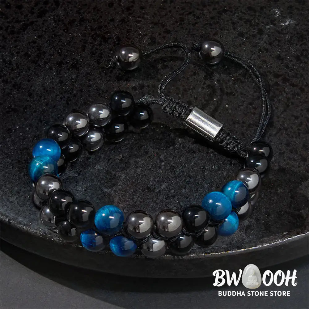 Buddha Stones Natural Blue Tiger Eye Black Magnetite Black Obsidian Double Row Beads Protection Bracelet - BWOOOH