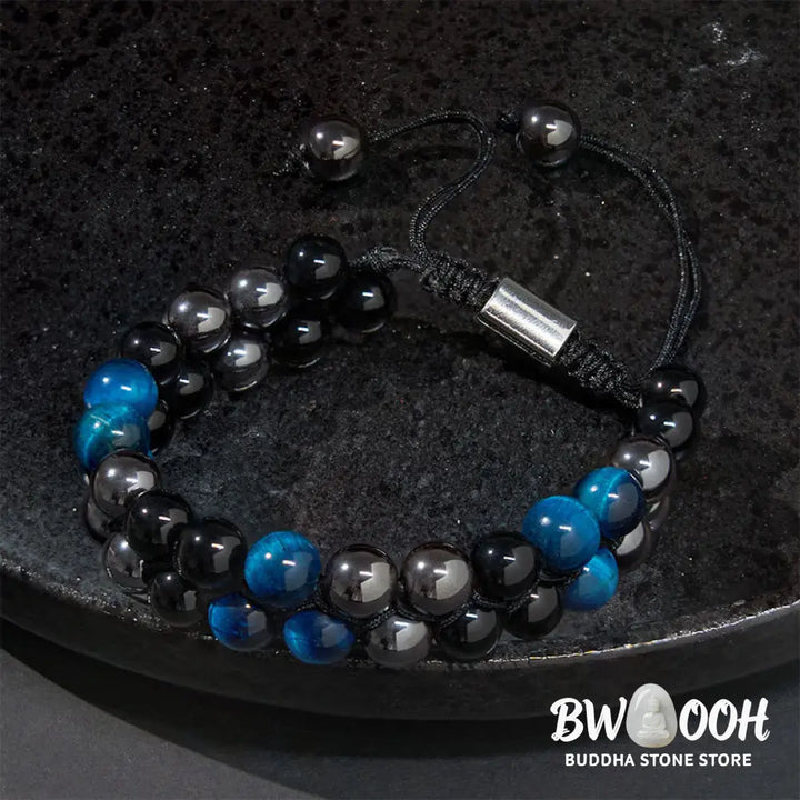 Buddha Stones Natural Blue Tiger Eye Black Magnetite Black Obsidian Double Row Beads Protection Bracelet - BWOOOH