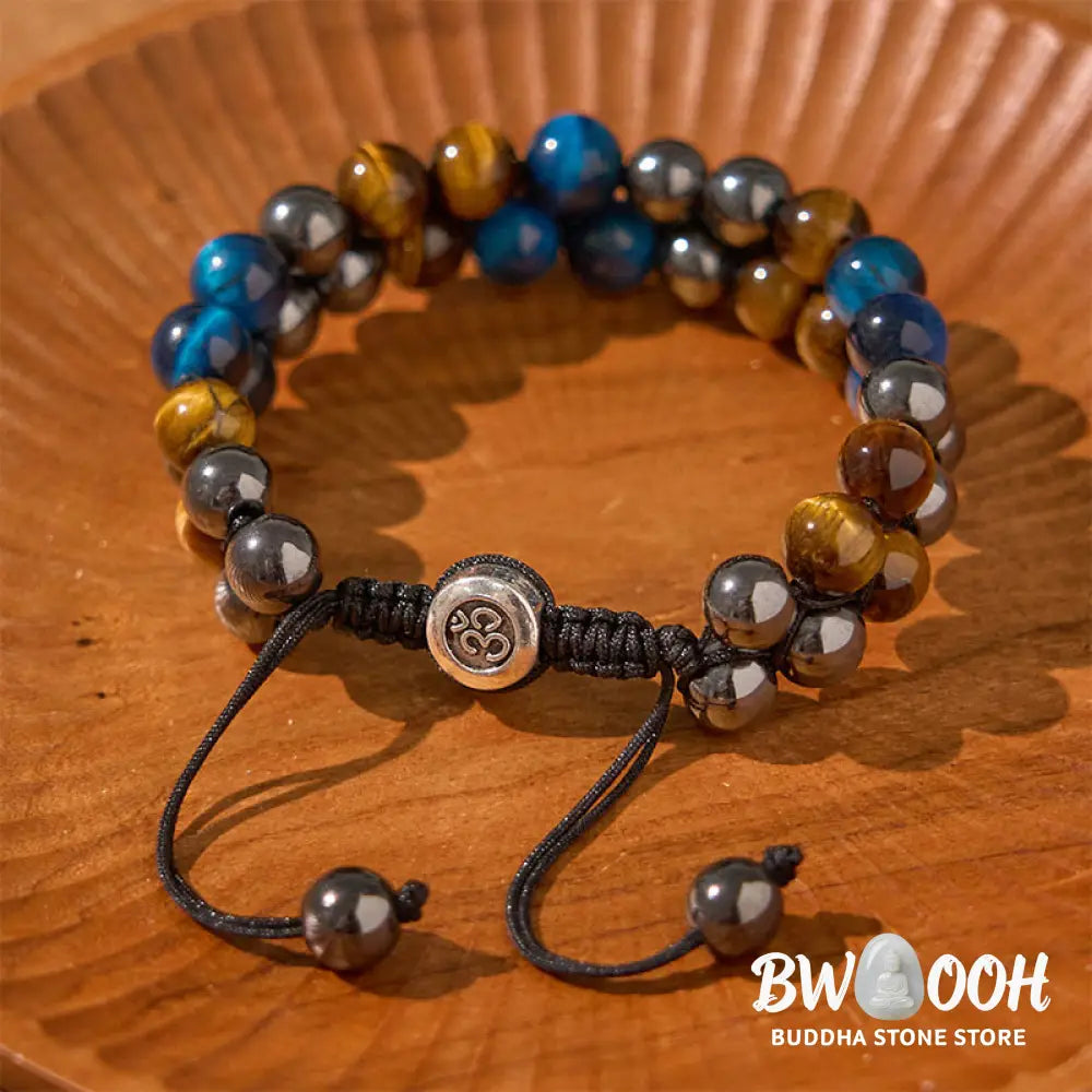Buddha Stones Natural Blue Tiger Eye Black Magnetite Om Pattern Double Row Beads Strength Bracelet - BWOOOH - Blue