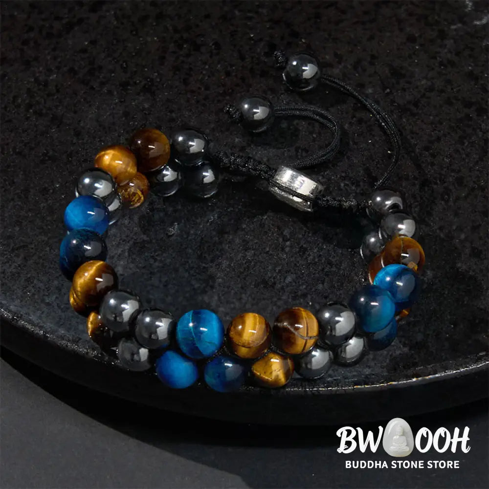 Buddha Stones Natural Blue Tiger Eye Black Magnetite Om Pattern Double Row Beads Strength Bracelet - BWOOOH - Blue