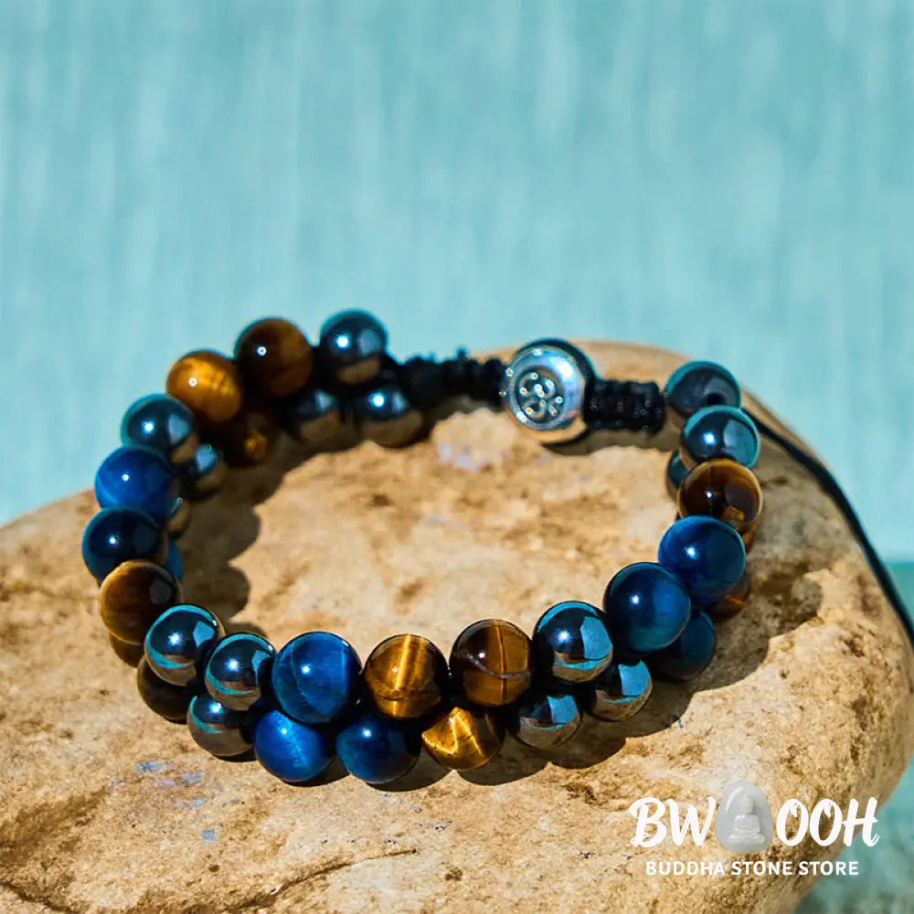 Buddha Stones Natural Blue Tiger Eye Black Magnetite Om Pattern Double Row Beads Strength Bracelet - BWOOOH - Blue