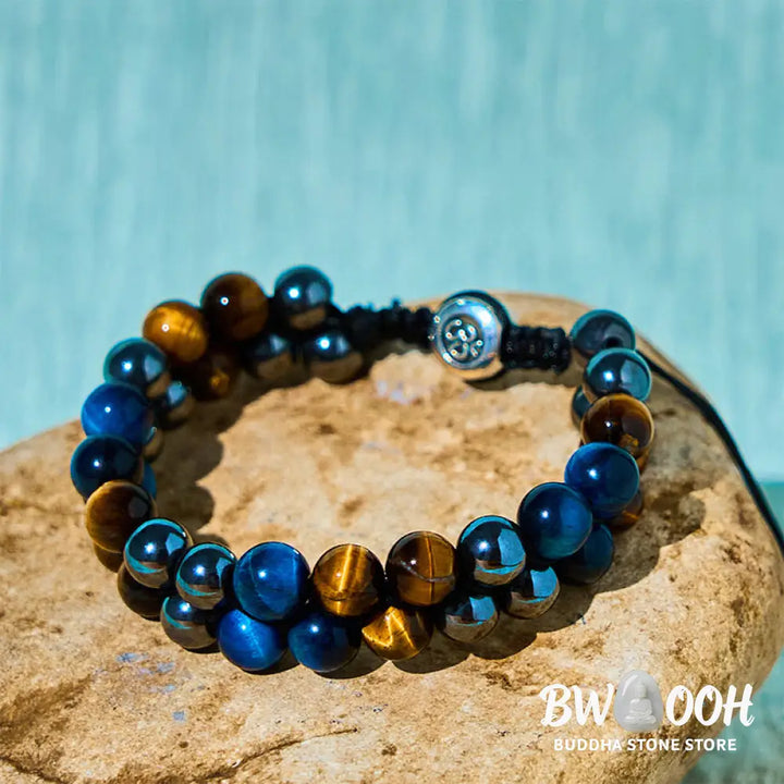 Buddha Stones Natural Blue Tiger Eye Black Magnetite Om Pattern Double Row Beads Strength Bracelet - BWOOOH - Blue