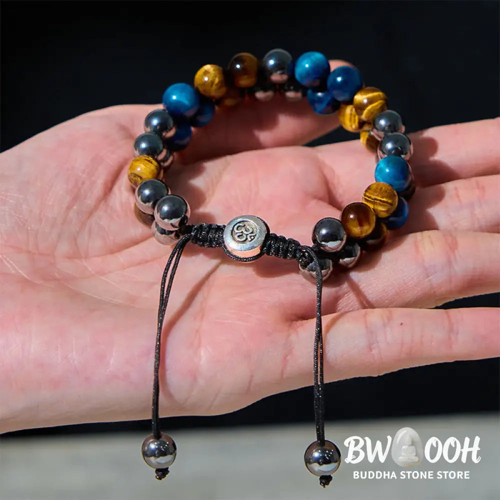 Buddha Stones Natural Blue Tiger Eye Black Magnetite Om Pattern Double Row Beads Strength Bracelet - BWOOOH - Blue
