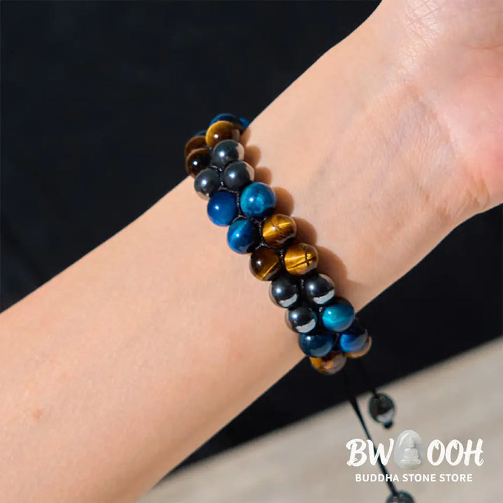 Buddha Stones Natural Blue Tiger Eye Black Magnetite Om Pattern Double Row Beads Strength Bracelet - BWOOOH - Blue