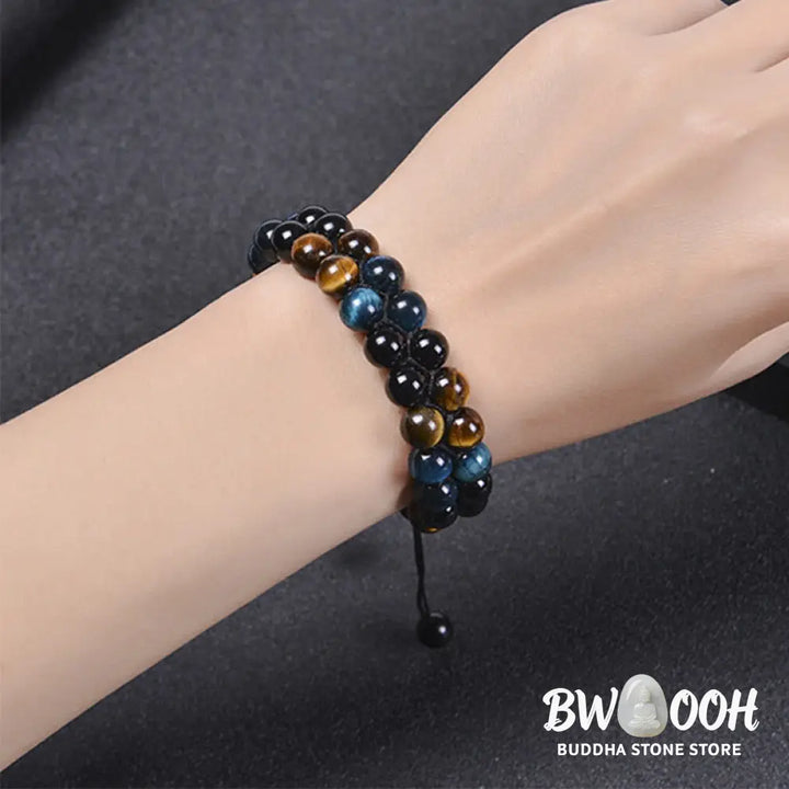 Buddha Stones Natural Blue Tiger Eye Black Magnetite Om Pattern Double Row Beads Strength Bracelet - BWOOOH - Blue