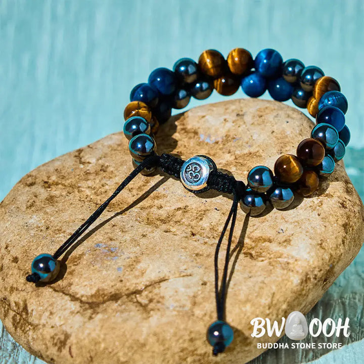 Buddha Stones Natural Blue Tiger Eye Black Magnetite Om Pattern Double Row Beads Strength Bracelet - BWOOOH - Blue