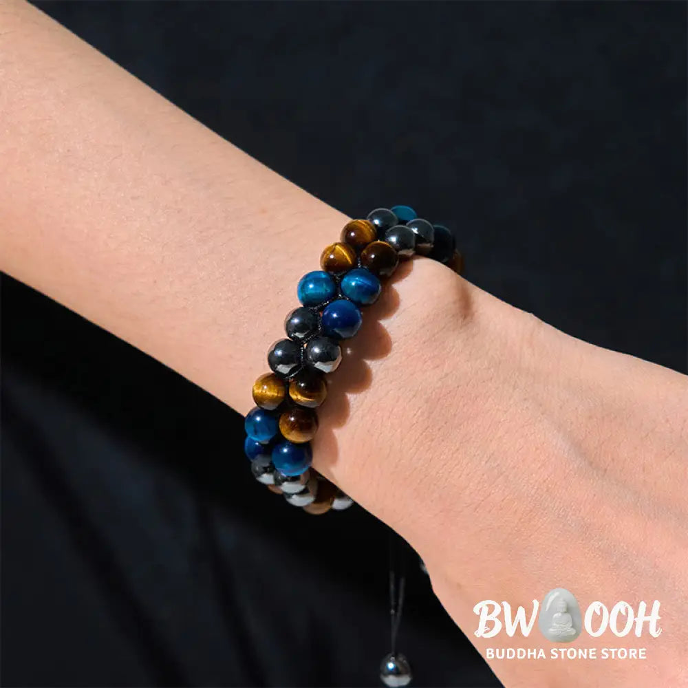Buddha Stones Natural Blue Tiger Eye Black Magnetite Om Pattern Double Row Beads Strength Bracelet - BWOOOH - Blue