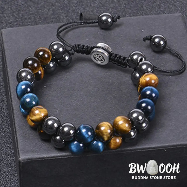 Buddha Stones Natural Blue Tiger Eye Black Magnetite Om Pattern Double Row Beads Strength Bracelet - BWOOOH - Blue