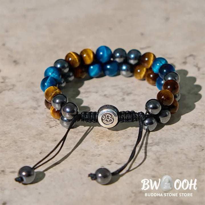 Buddha Stones Natural Blue Tiger Eye Black Magnetite Om Pattern Double Row Beads Strength Bracelet - BWOOOH - Blue