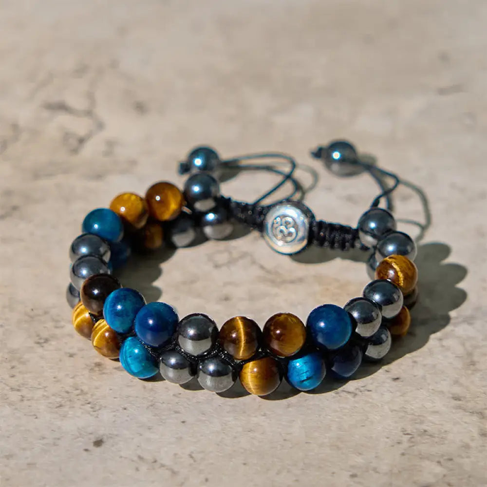 BWOOOH Natural Blue Tiger Eye Black Magnetite Om Pattern Double Row Beads Strength Bracelet — Tiger Eye crystal healing br...