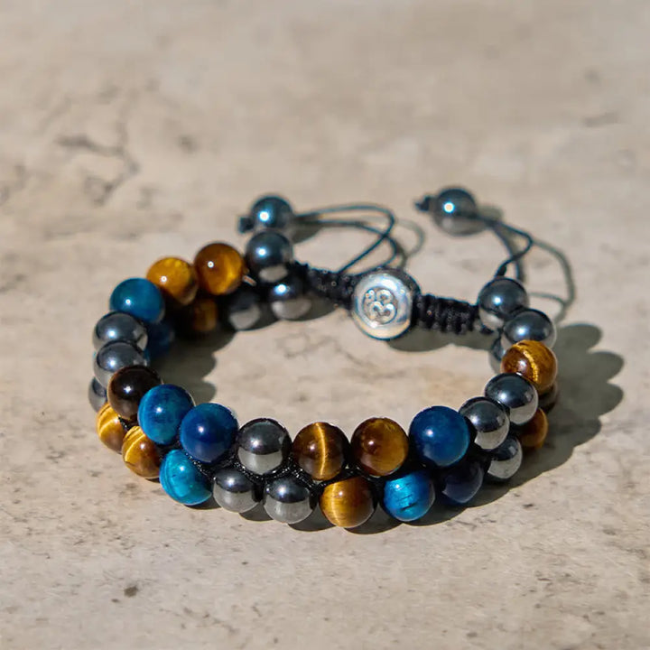 BWOOOH Natural Blue Tiger Eye Black Magnetite Om Pattern Double Row Beads Strength Bracelet — Tiger Eye crystal healing br...