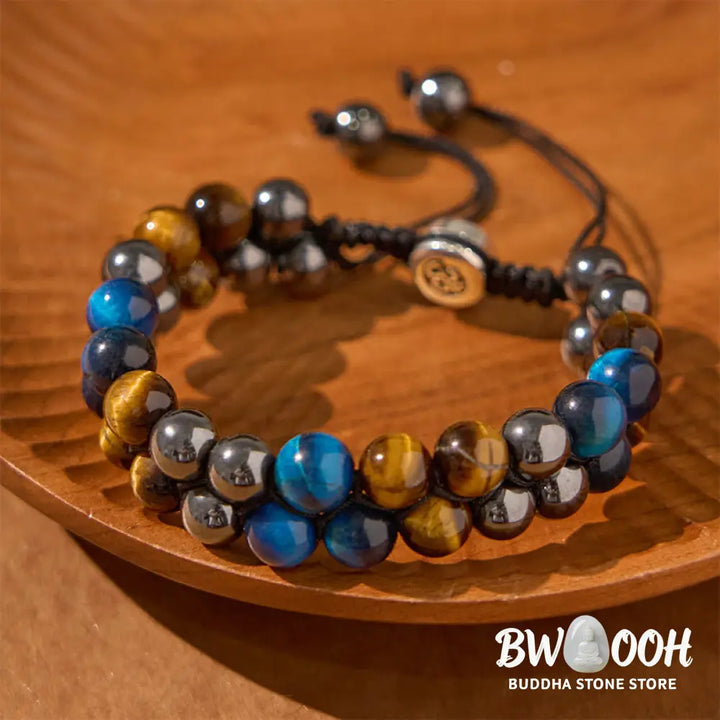 Buddha Stones Natural Blue Tiger Eye Black Magnetite Om Pattern Double Row Beads Strength Bracelet - BWOOOH - Blue