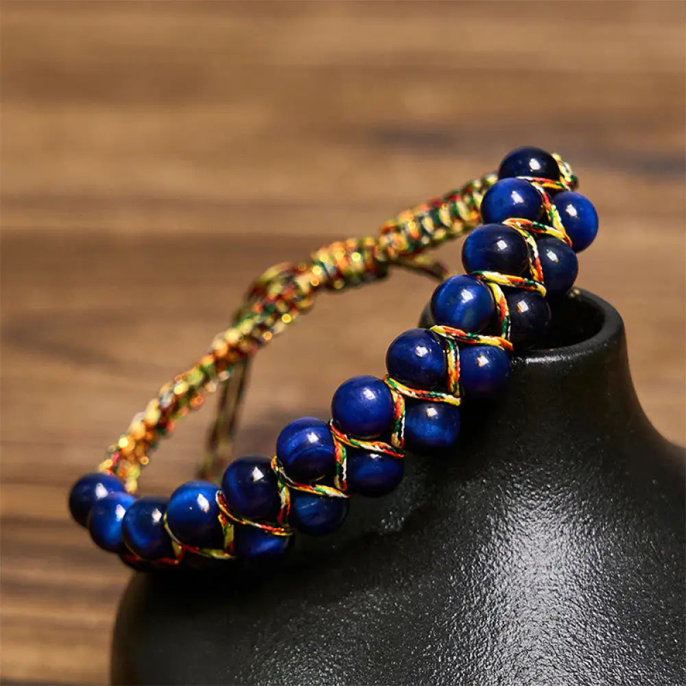 BWOOOH Natural Blue Tiger Eye Hand-woven Colored Rope Double Row Beads Balance Bracelet — Tiger Eye crystal healing bracel...