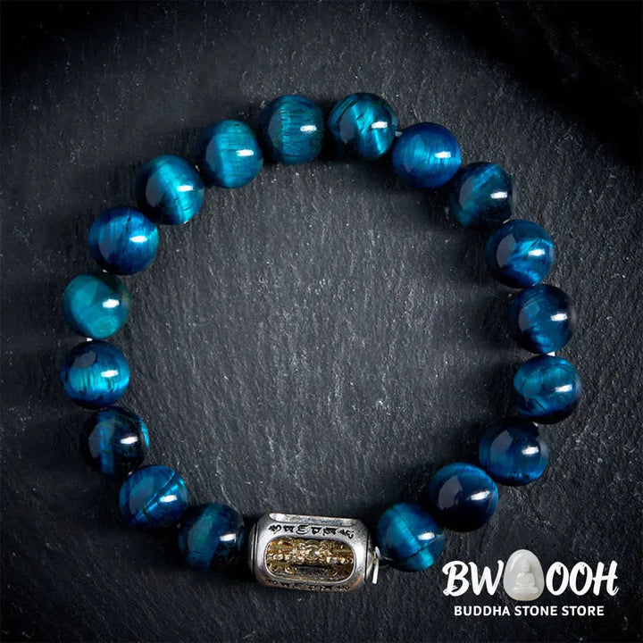 BWOOOH Natural Blue Tiger Eye Om Mani Padme Hum Strength 