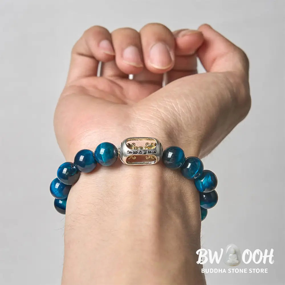 BWOOOH Natural Blue Tiger Eye Om Mani Padme Hum Strength 