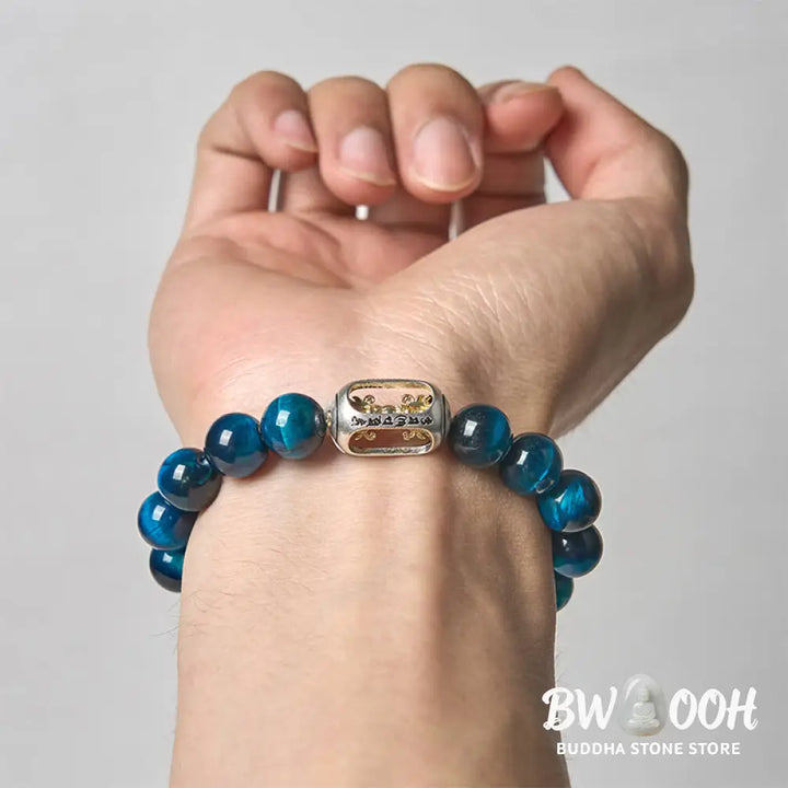 BWOOOH Natural Blue Tiger Eye Om Mani Padme Hum Strength 