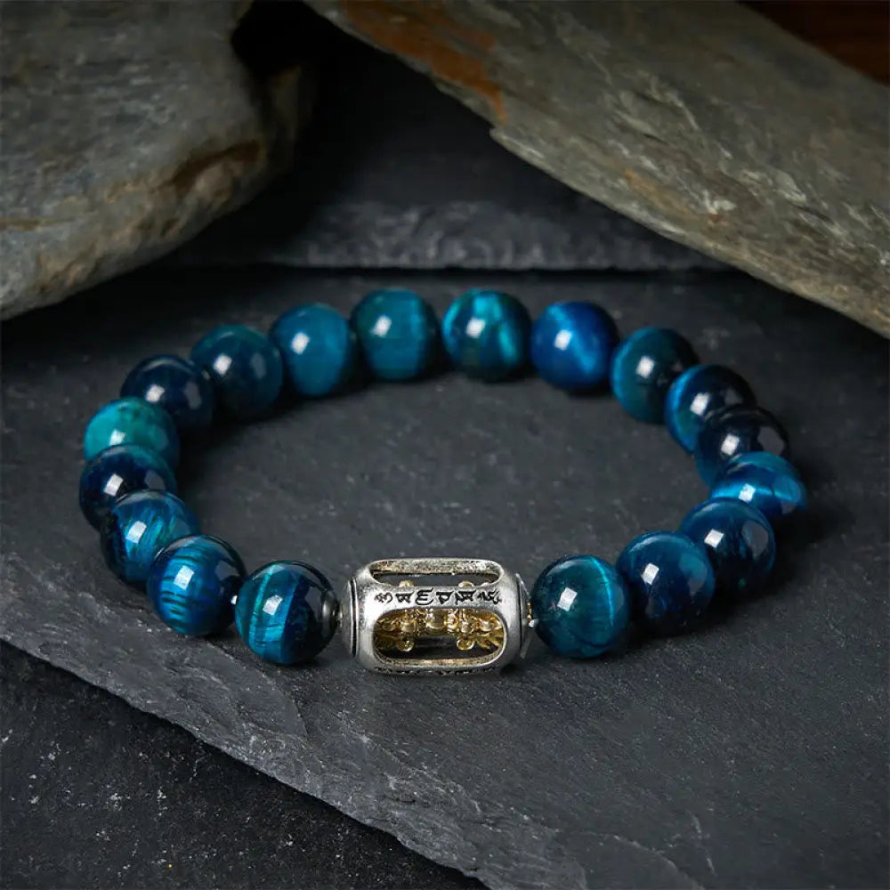 BWOOOH Natural Blue Tiger Eye Om Mani Padme Hum Strength 