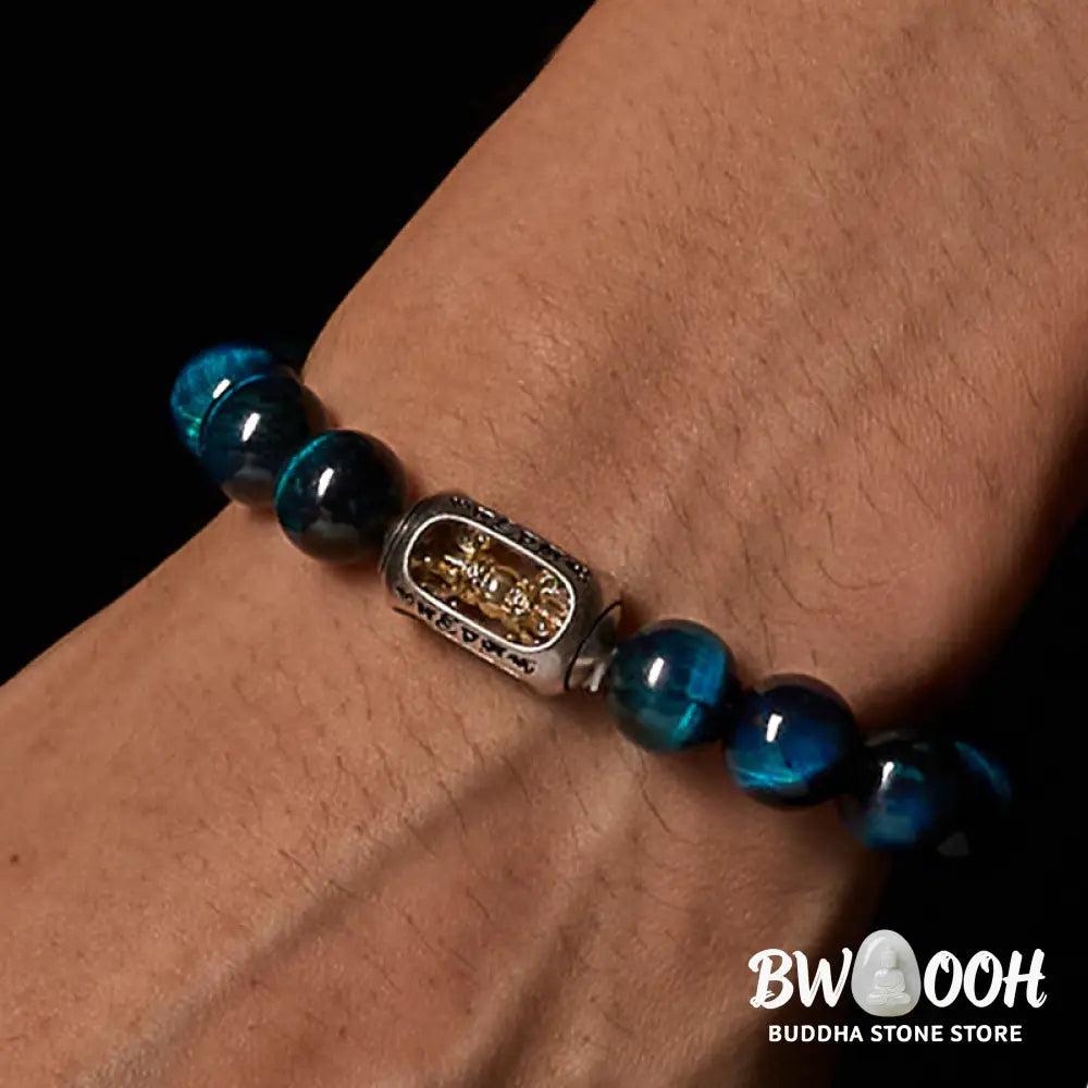 BWOOOH Natural Blue Tiger Eye Om Mani Padme Hum Strength 