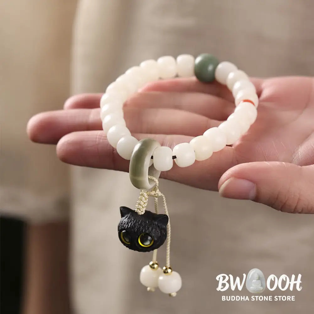 Buddha Stones Natural Bodhi Seed African Blackwood Lovely Cat Charm Peace Harmony Bracelet - BWOOOH - Bracelet