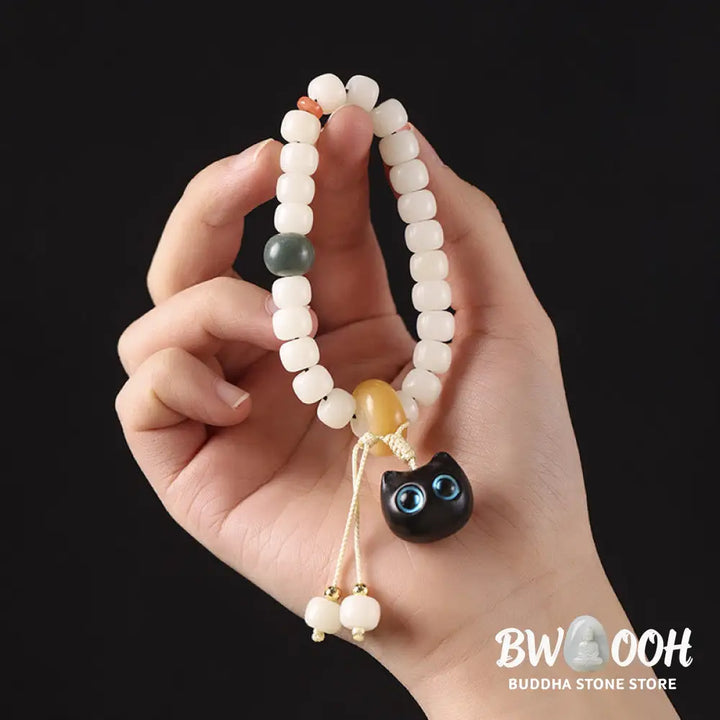 Buddha Stones Natural Bodhi Seed African Blackwood Lovely Cat Charm Peace Harmony Bracelet - BWOOOH - Bracelet