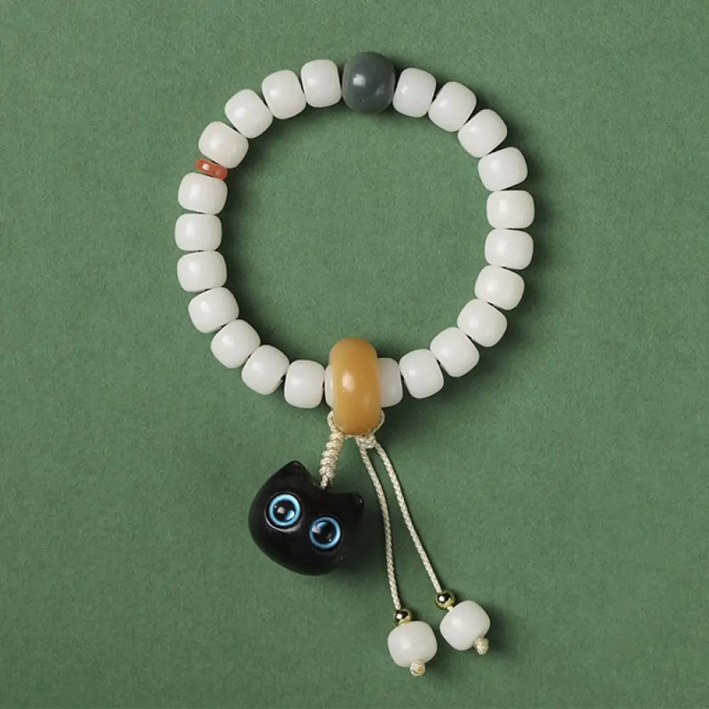 Buddha Stones Natural Bodhi Seed African Blackwood Lovely Cat Charm Peace Harmony Bracelet - BWOOOH - Blue Eyes Cat