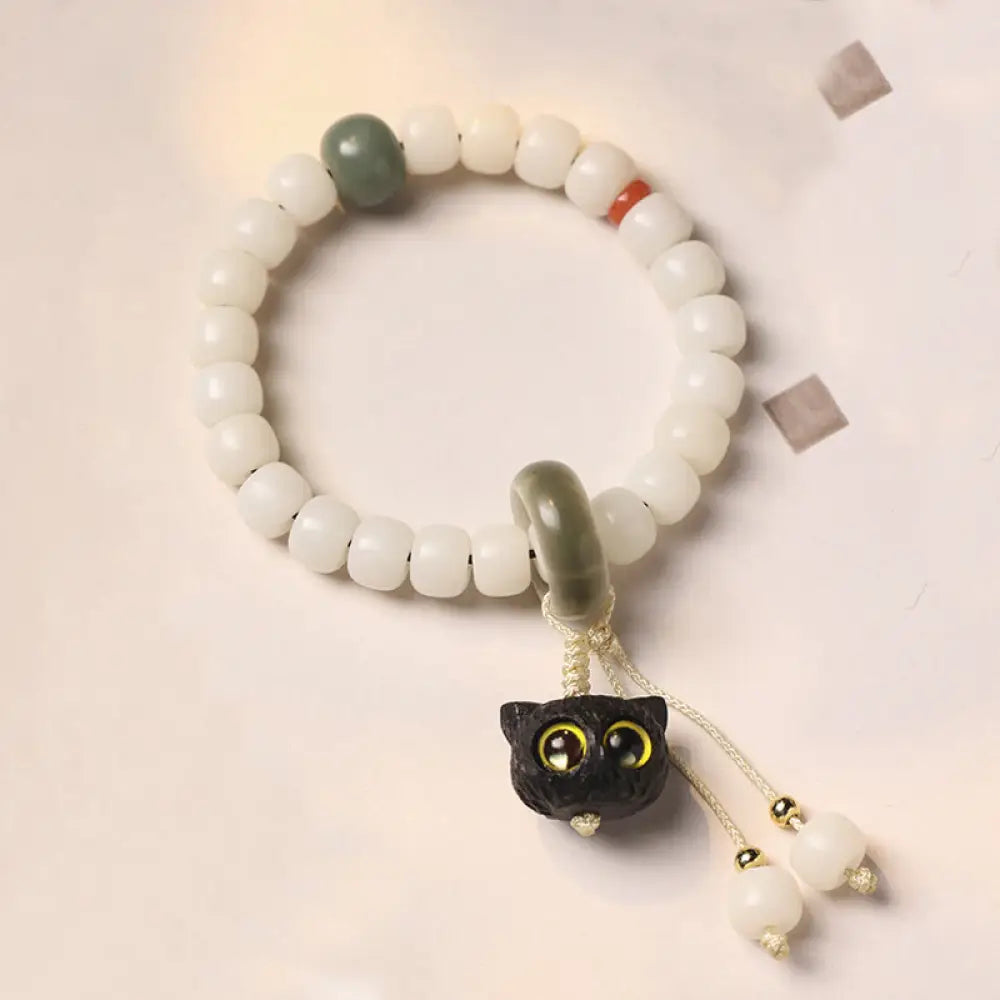 BWOOOH Natural Bodhi Seed African Blackwood Lovely Cat Charm Peace Harmony Bracelet - BWOOOH - Yellow Eyes Cat