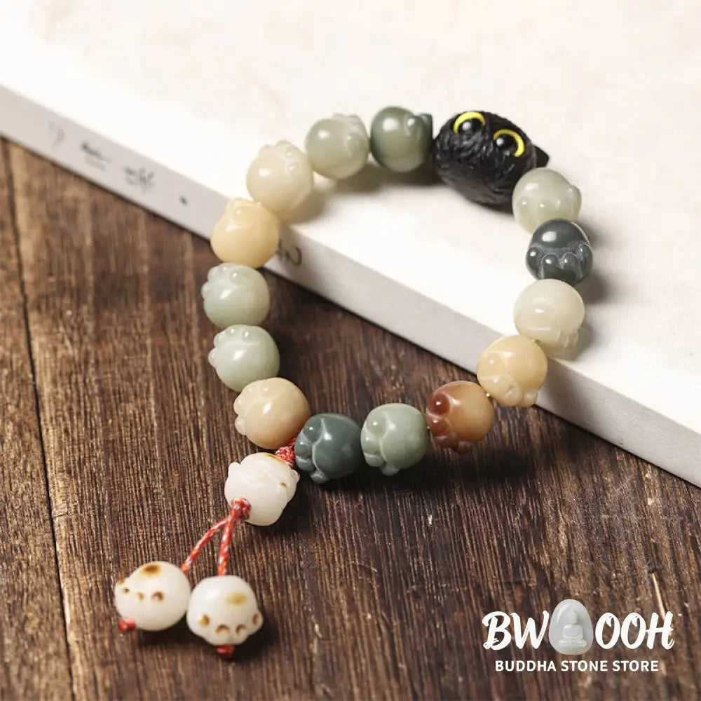 Buddha Stones Natural Bodhi Seed Lovely Paw Ebony Wood Lucky Cat Wisdom Bracelet - BWOOOH - Bracelet