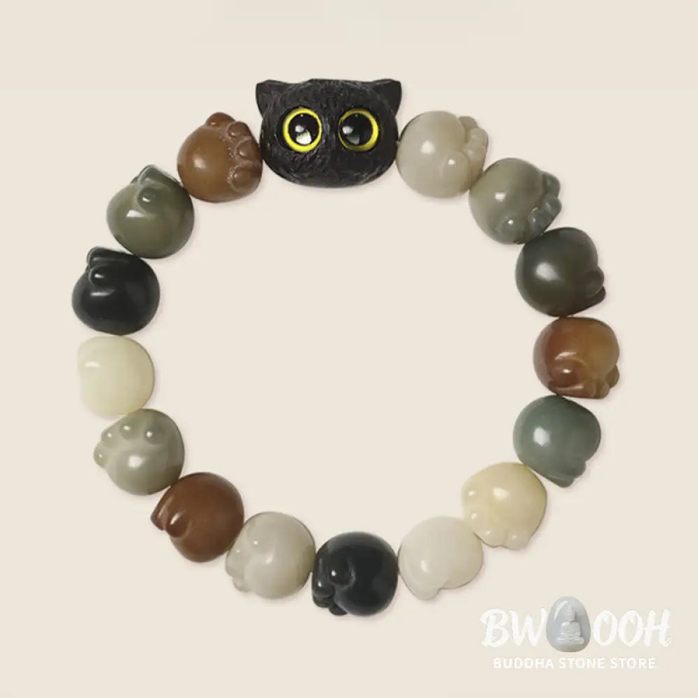 Buddha Stones Natural Bodhi Seed Lovely Paw Ebony Wood Lucky Cat Wisdom Bracelet - BWOOOH - Bracelet