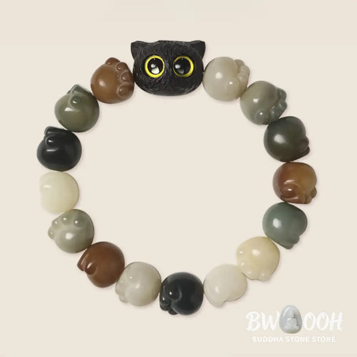 Buddha Stones Natural Bodhi Seed Lovely Paw Ebony Wood Lucky Cat Wisdom Bracelet - BWOOOH - Bracelet