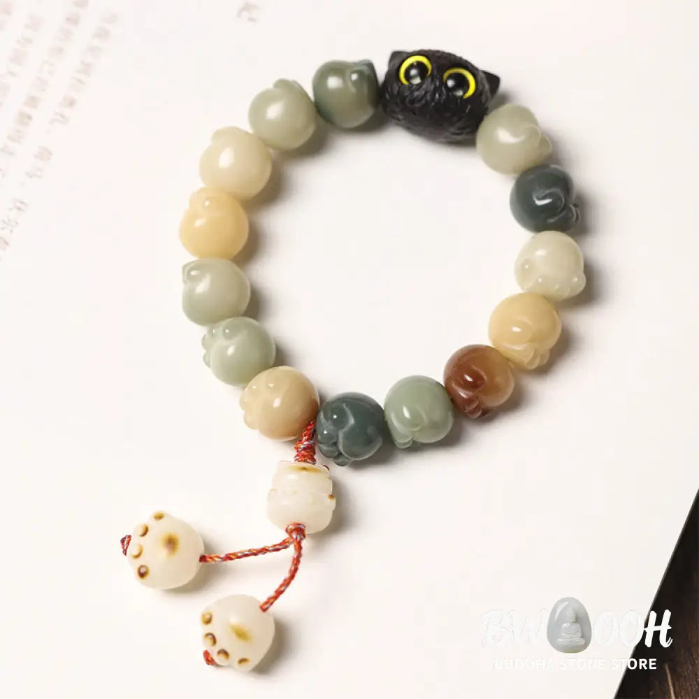 Buddha Stones Natural Bodhi Seed Lovely Paw Ebony Wood Lucky Cat Wisdom Bracelet - BWOOOH - Bracelet