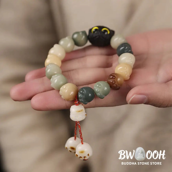 Buddha Stones Natural Bodhi Seed Lovely Paw Ebony Wood Lucky Cat Wisdom Bracelet - BWOOOH - Bracelet