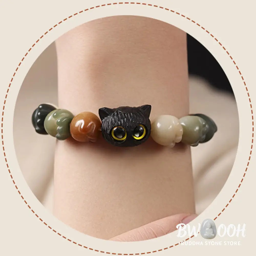 Buddha Stones Natural Bodhi Seed Lovely Paw Ebony Wood Lucky Cat Wisdom Bracelet - BWOOOH - Bracelet