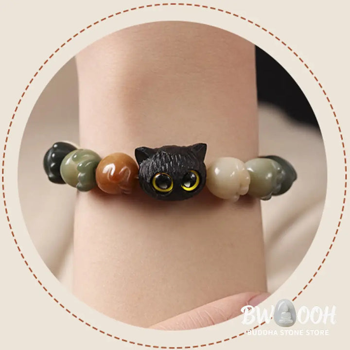 Buddha Stones Natural Bodhi Seed Lovely Paw Ebony Wood Lucky Cat Wisdom Bracelet - BWOOOH - Bracelet